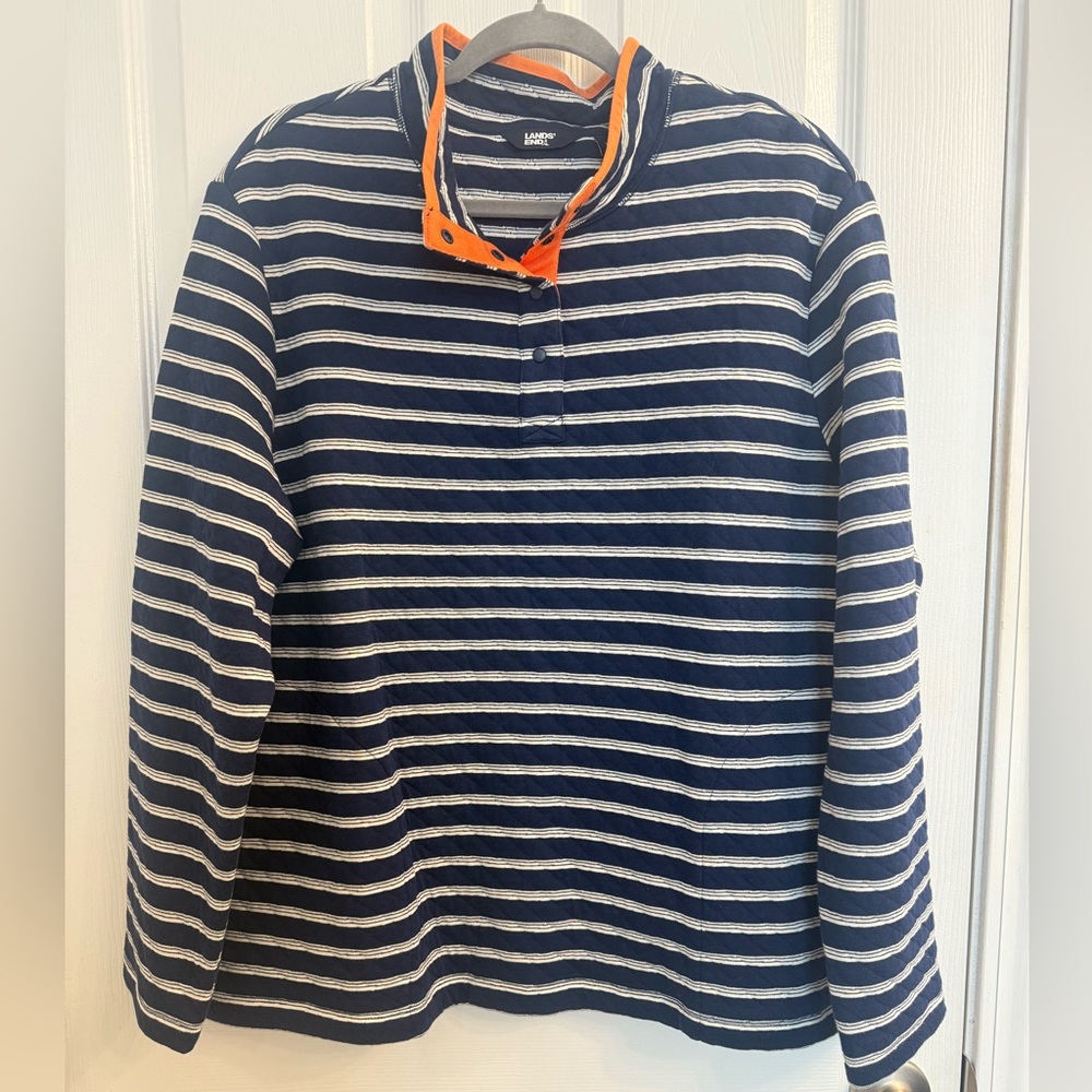 Lands End Navy and White Striped Quilted Pullover